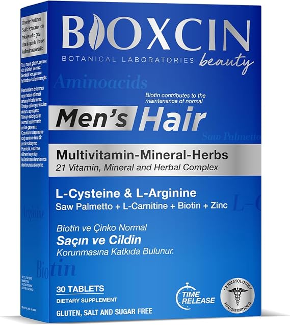 Bioxcin Men’s Hair Tablet – L-Arginin, Cüce Palmiye, L-Karnitin, Biotin ve Çinko İçeren Erkeklere Özel Saç, Cilt ve Tırnak Destek Tableti – 30 Tablet – Vegan
