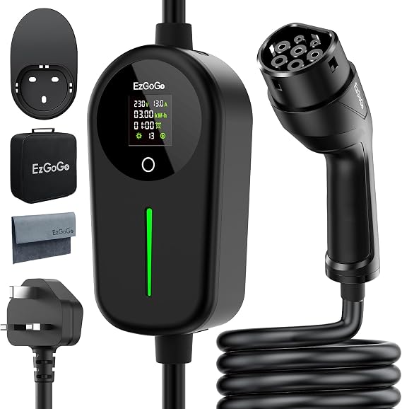 EzGoGo EV Charger 3 Pin Plug 65.62Ft/20M 3kW 6-13A Type 2 Charging Cable