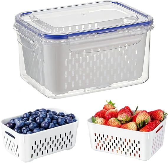 Fridge Fruit Storage Containers- 4-in-1 Food Storage Box 2026, 4 In 1 Leakproof Transparent Organizers With Removable Colander | Fruit Washing Bowl | For Home Offices School Kitchen Grocery Pantry Pic