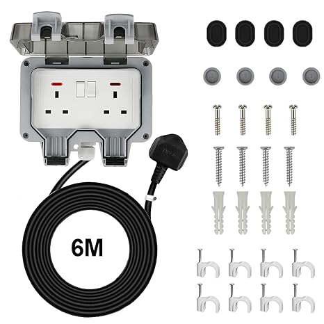 Double Socket, outdoor sockets waterproof IP66 with 6M Extension Lead, Weatherproof Outdoor Plug Sockets, Exterior Wall Garden, 2 Gang Storm Switched Socket Outside Power Socket