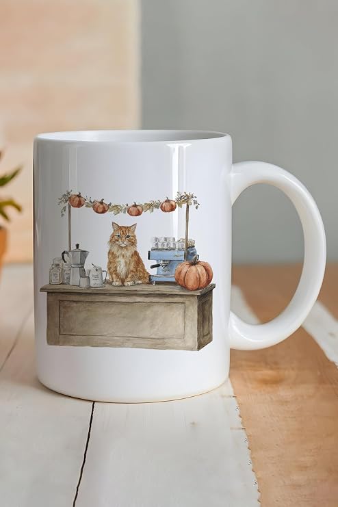 Sonbahar Temalı Sevimli Kedi No:6 Baskılı Hediyelik Kupa Bardak, QBM8153