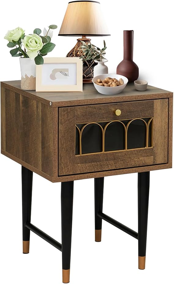 Thin Bedside Table - Wooden Slim Bedside Tables with Gold Metal Accents - Modern Small Bedside Tables with one Drawer for Bedroom, Living Room and Small Spaces - Brown