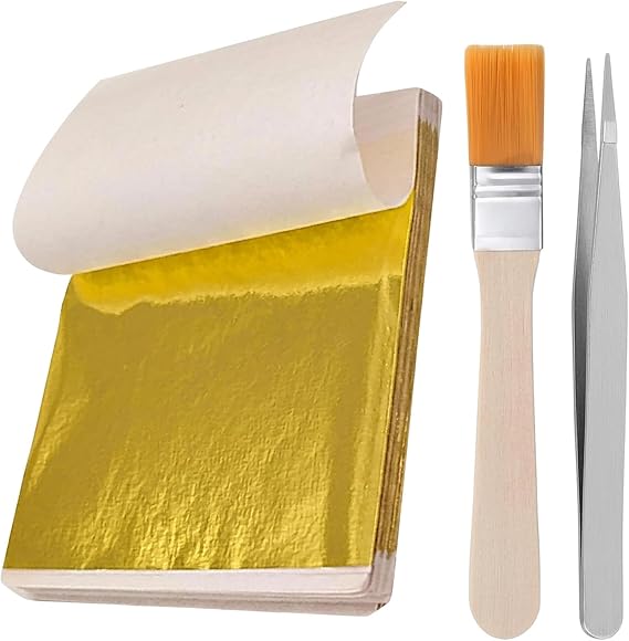 120PCS Sheets Gold Leaf, Imitation Gold Leaf Sheets Gold Leaf Kit with Brush Tweezer for Cakes Drinks Beauty Routine Makeup Health Craft Projects and Nail Art Design