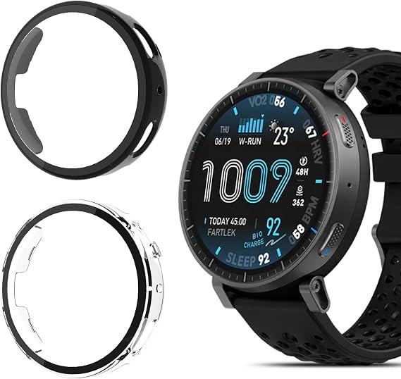 QULLOO Case Compatible with Amazfit active Max, PC Hard Protective Film Case Cover, Ultra-Slim Drop Protection Non-slip Anti-Scratch Shockproof - Black + Transparent