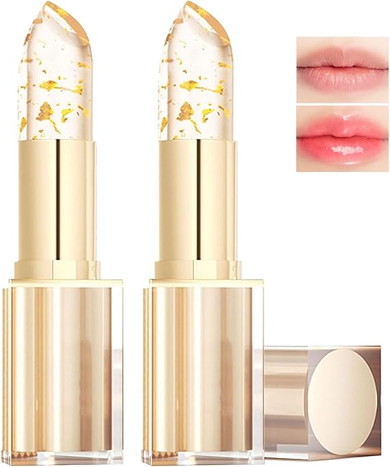 2Pcs Colour Changing Lipstick - Transferproof Long Lasting Lipgloss 24 Hours - Gold Crystal PH Lipstick Color Changing - Moisturizing Glossy Temperature Sensitive Lip Sticks for Women