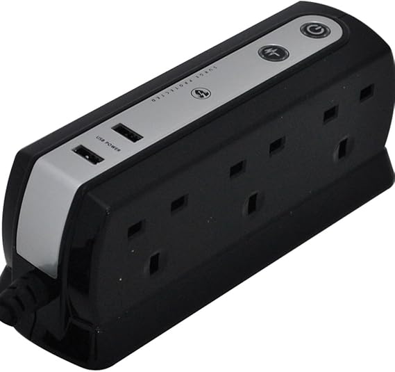 Masterplug SRGDU61PB2 2.1 A 1 m 6 Gang 2 x USB Compact Surge Extension Lead - Black