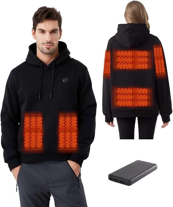 Isıtılabilir kapüşonlu erkek kapüşonlu sweatshirt, kadın, 10000 mAh pil ve 6 ısıtma bölgesi, ısıtılabilir ceket, kapüşonlu kazak, sweatshirt, üniseks, kayak ve avcılık için ısıtılabilir