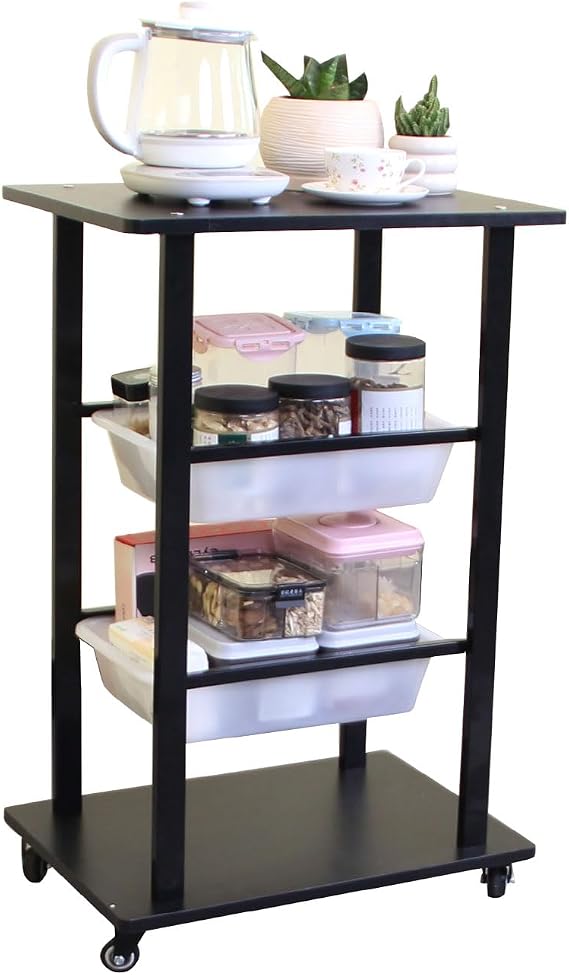 Rolling Storage Carts with Wheels, Heavy Duty Rolling Service Cart, 4-Tier Restaurant Food Cart with Hammer for Office, Warehouse, Garage (Black)