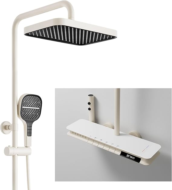 BEITH Thermostatic Shower System, 6 Functions Luxurious Full Body Shower Head Set with Body Jets, Piano Key, Digital Display, Rain, Waterfall, Shower Faucet Sets Complete and Handheld, Fixed Height