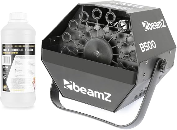 Beamz B500 Bubble Machine with 1L Fluid, High-Output DJ Bubble Maker for Kids, Professional Compact Design, Adjustable Bracket, Powerful Fan, Ideal for Parties and Events