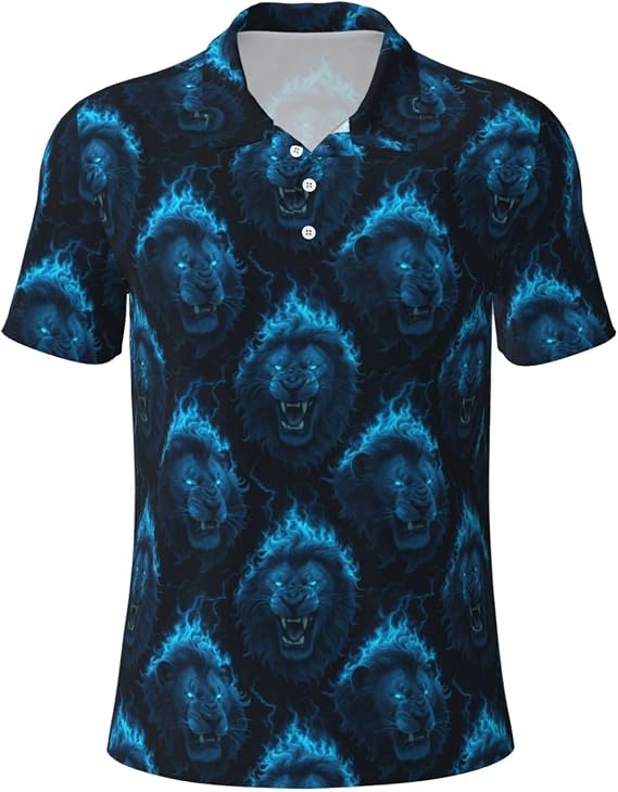 Blue Flame Lion Print Polo Shirts for Men-Funny Golf Shirts for Mens Short Sleeve Polos Polo T Shirts