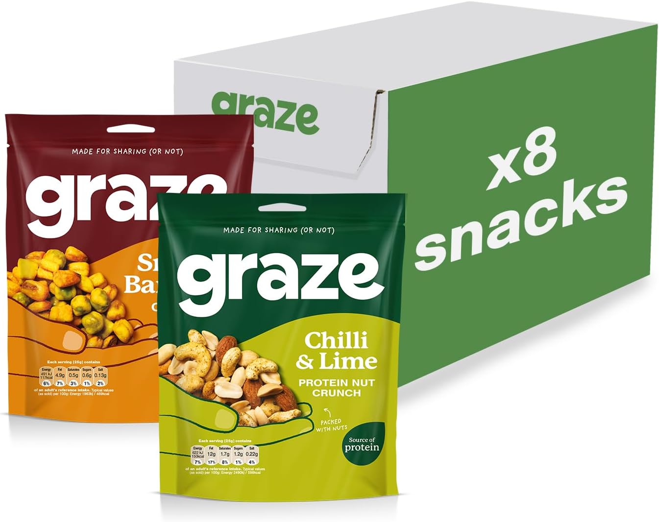 Graze - Smoky BBQ and Chilli & Lime bundle snacks - Vegan Savoury Snacks, High in Protein & Fibre - Pack of 8 snacks