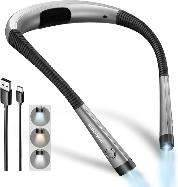 Glocusent Boyun Okuma Işığı, Geceleri Yatakta Okumak için Kitap Işığı, 80+ Saate Kadar Uzun Ömürlü Şarj Edilebilir Boyun Işığı, 3 Renk ve 6 Parlaklık Seviyesi, Hevesli Okuyucular için Mükemmel (gri) [Enerji Sınıfı A+++]