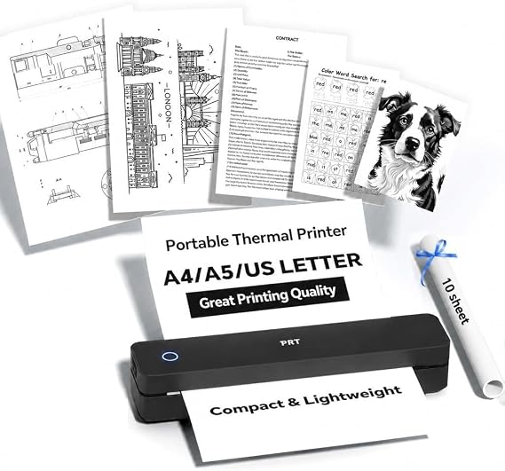 PRT A4 Portable Printer for Travel, Thermal Inkless Wireless Mobile 300 DPI, Compatible with iOS, Android, Laptop for Home Use, Office, Vehicles