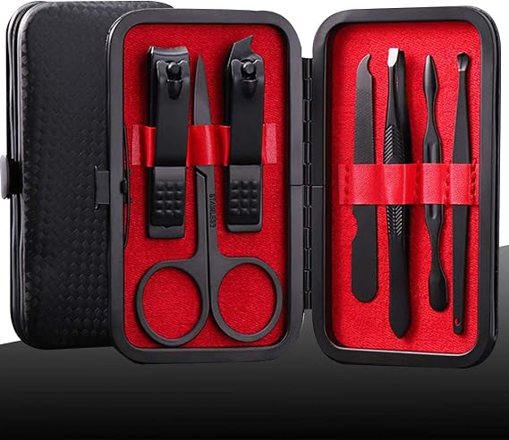 Manicure Set Professional Pedicure Kit Nail Clippers Set Steel Black 7 in 1 Grooming Kit Nail Scissors Cutter Ear Pick Tweezers Scissors Eyebrow Nail file Nail Kit for Man Women gift (Red_7 in 1)
