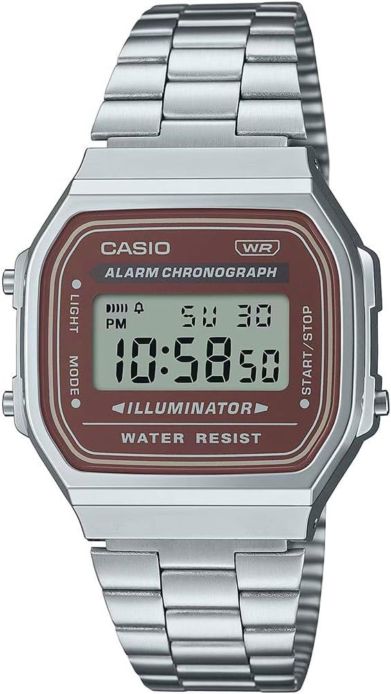 Casio Retro Vintage - Unisex Quartz Watch Casual Stainless Steel Bracelet Grey Resin Case with Red Analogue Display - A168WA-5A