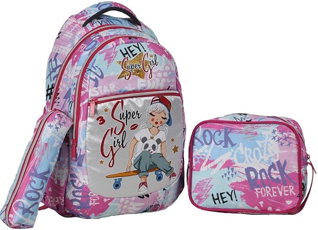 TahTicMer Okul Sırt Çantası ilkokul Beslenme çantalı Kalemlikli 3lü Set Süper Girl Okul Çantası Pembe