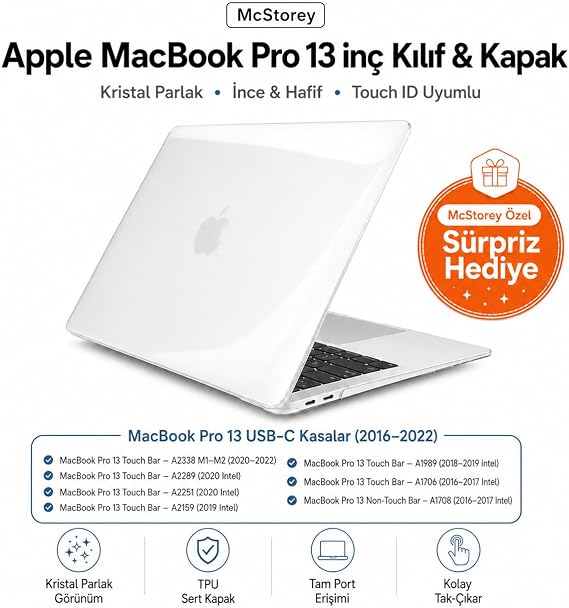 McStorey MacBook Pro 13 Kılıf A1706 A1708 A1989 A2159 A2251 A2289 A2338 M1 M2 Uyumlu Kristal Parlak Sert Hard Case İnce Hafif Koruyucu Kapak