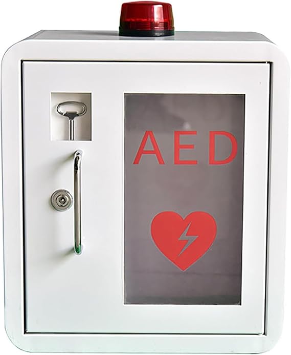 Wall-Mounted Defibrillator Storage Cabinet with Transparent Window, Key Lock, and Alarm System for Emergency Access in Various Settings