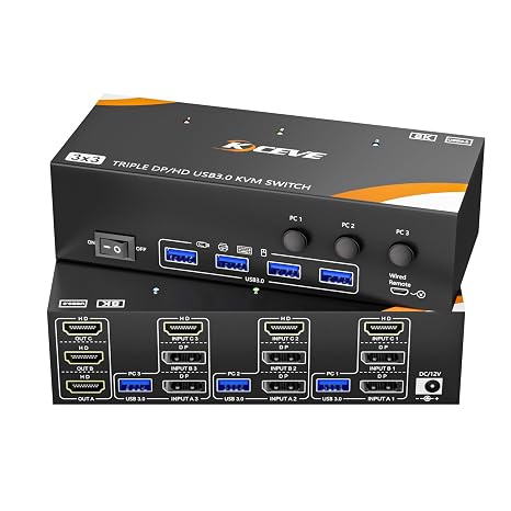 USB 3.0 KVM Switch 3 Monitors 3 Computers Displayport HDMI, KVM Switch Triple Monitor 8K@60Hz 4K@144Hz for 3 Computers Share 4 USB 3.0 Devices, Wired Remote(8K DP HD 3 in 3 out KVM)