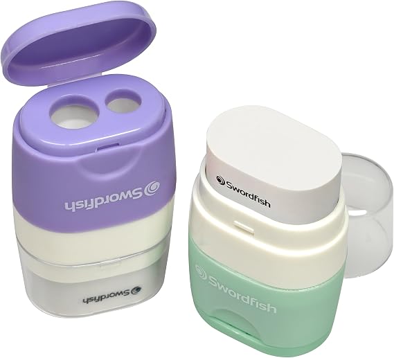 Swordfish ‘Twin Combo’ Pastel Double-Hole Pencil Sharpener and Eraser[Pack of 1] Assorted Colours [40381]