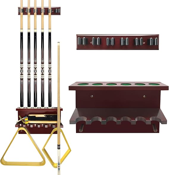 Pool Stick Holder Wall Mount,Hardwood Billiards Pool Cue Rack, Pool Cue Set Holder for 6 Cues Sticks Storage Pool Table Accessories Organizer,Billiard Cue Rack for Game Room Club (Red)