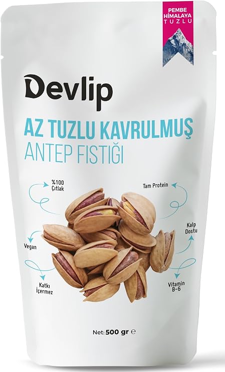 Devlip Pembe Himalaya AZ TUZLU Kavrulmuş Antep Fıstığı, 500 Gram, Kilitli (Aç-Kapa) Ambalaj, Vegan,%100 Çıtlak