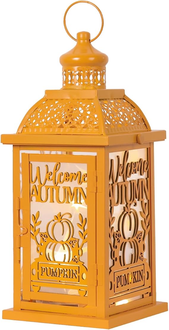 NEEDOMO Fall Decorations for Home, Decorative Candle Lantern for Tabletop Mantel Decor, Vintage Metal Lantern Candle Holders for Indoor Outdoor Decor, Halloween,Thanksgiving,Autumn(Yellow-Orange)