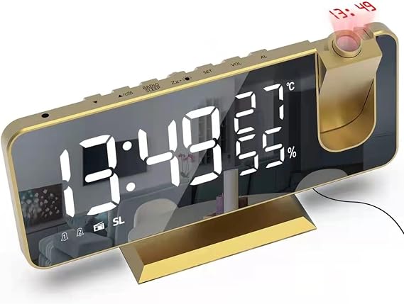 Projection Alarm Clock Bedside Bedroom 180° Rotatable Projector Clock, LED Electronic Clocks, Digital Alarm Clock Dual Alarm Table Clock, The Volume Is Adjustable gold