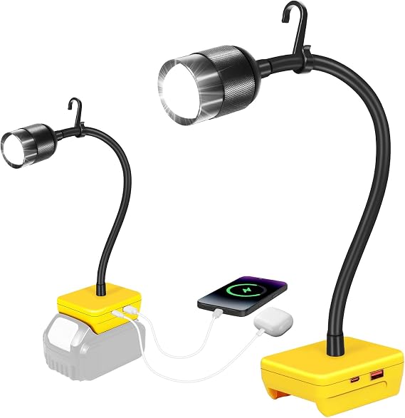 コードレスLEDワークライト Dewalt 20Vバッテリー対応 - 360°フレキシブルグースネック付き30Wポータブルツールライト、USB/Type-C充電ポート、ワークショップガレージ修理用低電圧保護