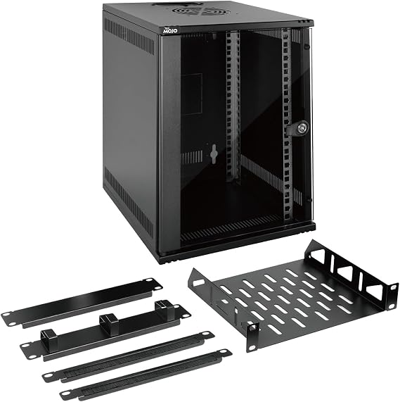 Tecmojo 9U 330mm Depth Wall Mount Data Cabinet, 10in 9U Server Cabinet, Network Cabinet with Rack Shelf, Brush Panels, Cable Organizer for 10'' AV/IT/Data Devices, 50kg Capacity, Glass Door