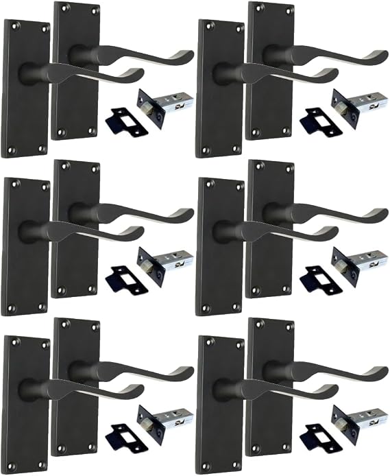 Matt Black Scroll Door Handle Set - Victorian Style Internal and External Lever Door Handles with Backplate (6 Pair of Handles + Tubular Latch)