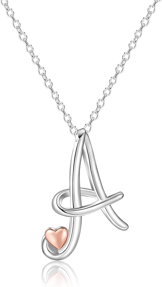 Mesovor Silver Initial Necklace for Women, Sterling Silver Plated Jewelry | Classic Rose Gold Heart Name Letter Pendant Necklace, 20 Inch Chain