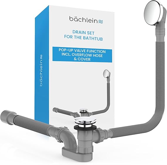 Bächlein Pop-up Drain for The Bathtub, pop-up Function with Sieve for a Clean Bathtub Drain, Complete kit with Flexible Overflow, Overflow Cover and Siphon