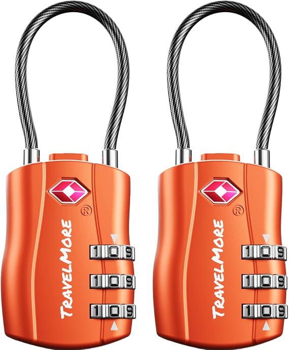 TSA Combination Padlock with Cable for Suitcases, Backpacks and More | Orange (2pcs)