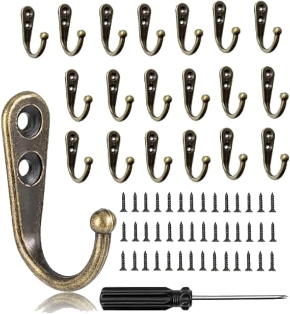20 Pcs Small Coat Hooks Wall Mounted - Vintage Single Metal Robe Hooks for Door Hanging Keys Clothes - Brass Hooks with 40 Screws and Screwdriver