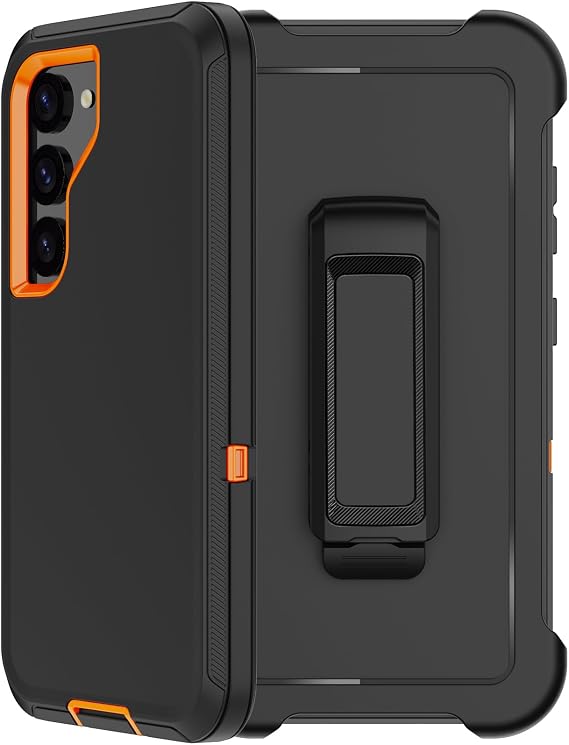 for Samsung Galaxy S23 Case with Belt Clip Holster, 2X Screen Protector, Military Grade Protection Heavy Duty Full Body Shockproof Dust-Proof Rugged Protective Cover for Samsung S23 5G (Black Orange)