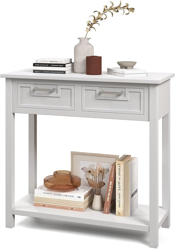 Console Table with Drawers, Wooden Narrow Sofa Table with 2 Drawers, 1 Open Storage Shelf, Foyer Table, Entrance Table, Modern Entry Table for Entryway, Living Room, Hallway (White)