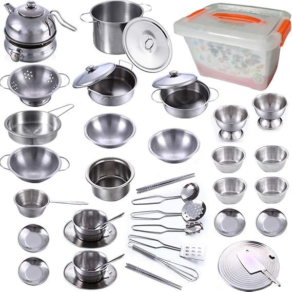 Cooking Utensils Set 41 Pieces Stainless Steel Kitchen Toys Pretend Play Pots Pans Toy Cookware Kits for Kids Come with a Handy Storage Box Role Play Educational Toys for Toddlers Small Size