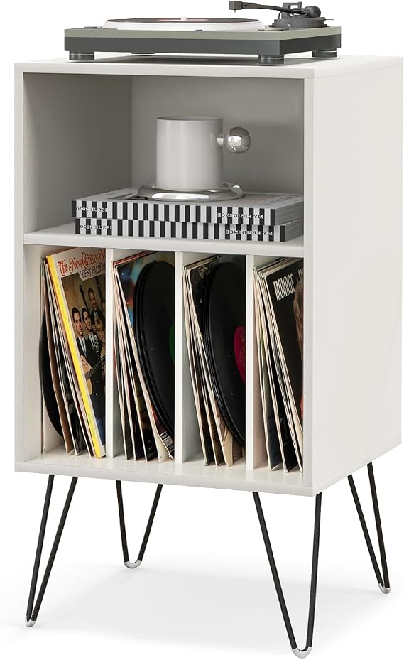 COSTWAY Record Player Stand, Wooden Turntable Stand End Sofa Side Table with 5 Shelves for 150 Albums, Metal Legs Vinyl Record Storage Cabinet Holder for Living Room Bedroom (White)
