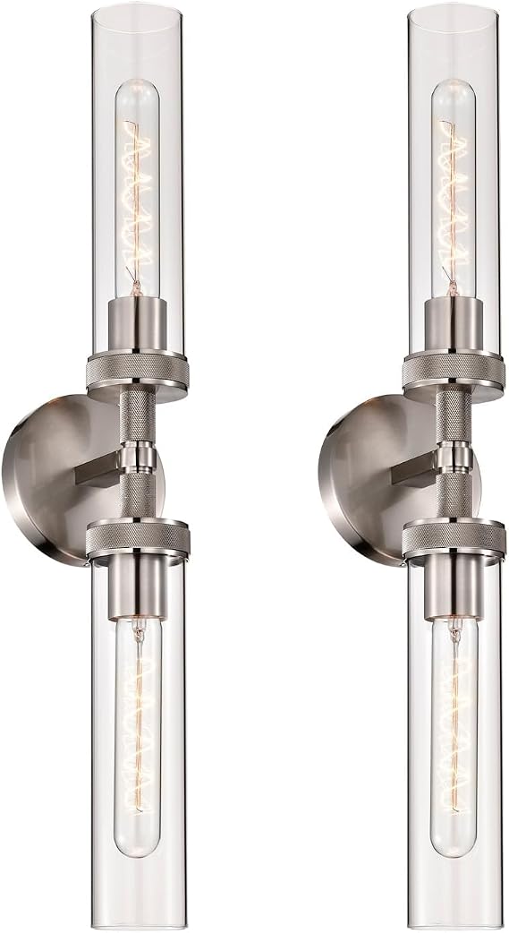 LaLuLa 2-Pack Vanity Lights for Bathroom – Brushed Nickel 2-Light Wall Sconces with Knurled Texture and Clear Glass Shades, Modern Chrome Bathroom Light Fixtures Over Mirror, 25 Inch