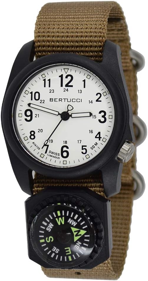 BERTUCCI Mens White Dial Black Case Coyote Nylon Band Quartz Watch