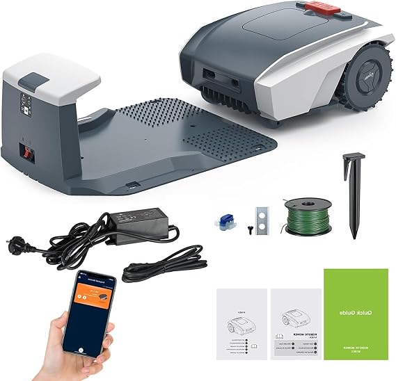 Automatic Robotic Lawn Mower with App Control, Cuts Up to 1500 sq m, Handles 30% Slope, Ultra Quiet Operation, Rain Sensor, Bluetooth App Control, and Safety Sensors