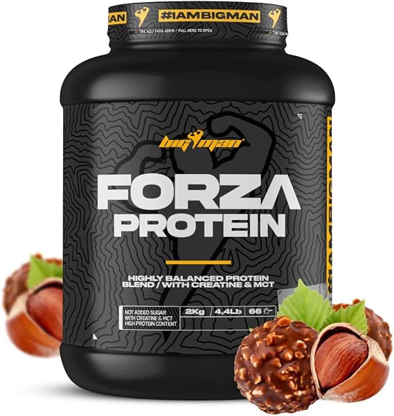 BigMan | Forza Protein 2 kg | Protein 80% | Soy Protein Isolate + Whey Protein Concentrate | Creatine | High Protein and Recovery (2.1 kg, Choco Hazelnut)
