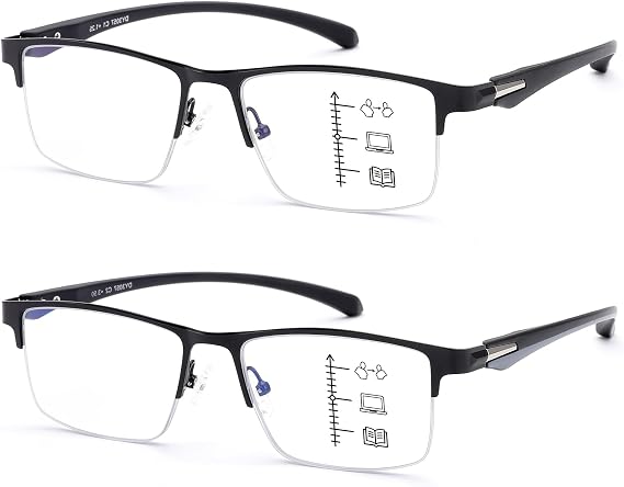 2-Pack Progressive Multifocus Reading Glasses for Men, Metal Half Frame Blue Light Blocking Readers Lightweight Computer Glasses Multifocal Eyeglasses