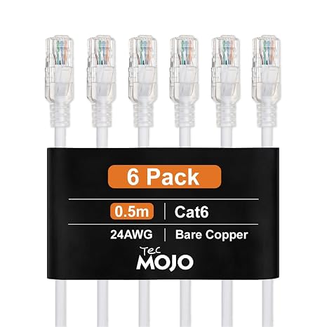Tecmojo Cat6 Ethernet Cable 0.5m 6 Pack, 24AWG Pure Copper (OFC) UTP RJ45 Network Patch Cord, 1Gbps 250MHz LSZH Jacket for Router Modem Switch Patch Panel, White