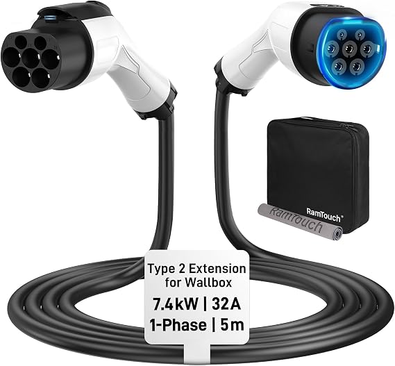 Type 2 EV Charger Extension Cable (7.4 kW, 32 A, 5 m, 1-Phase)