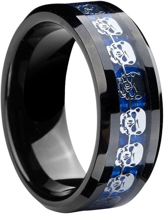 AZYOUNG ロイヤルブルー カーボンファイバー スカルシート 象嵌 タングステンカーバイド リング メンズ 結婚 婚約指輪 - 8mm