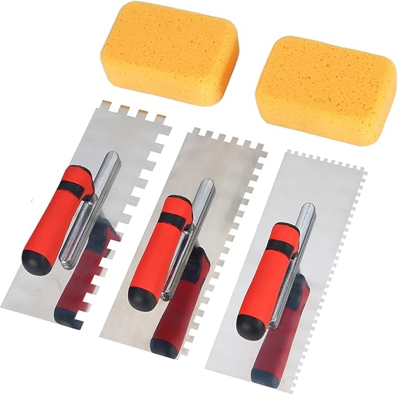 Square Notched Trowel Set, Stainless Steel Tile Trowel with Grout Sponge