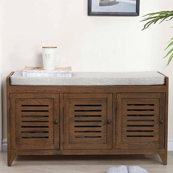 2-Tier Storage Bench With Cushion, Entryway Shoe Bench With Shutter Doors, Living Room Hallway Bench 90cm Brown